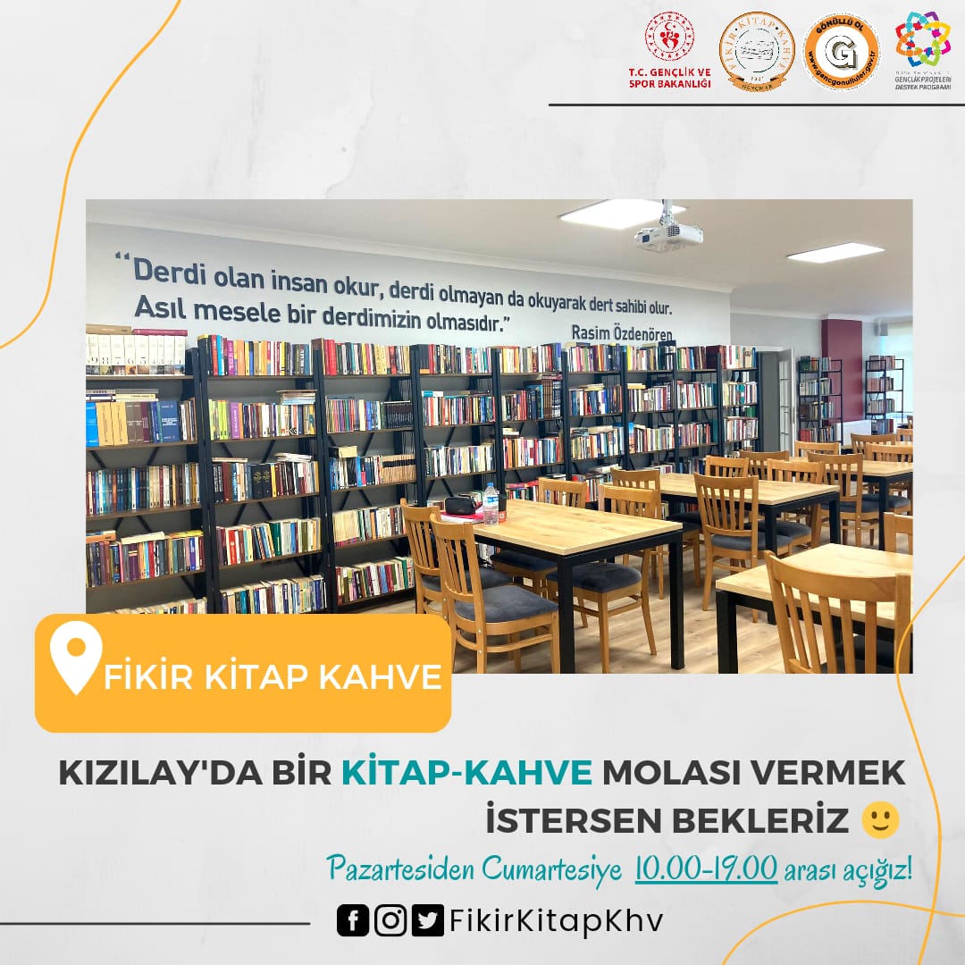 Yolun Kızılay'a düşmüşse Fikir Kitap Kahve'ye uğramadan gitme demek isteriz 😊 Bir kitap/kahve molasına bekliyoruz🙋

#fikirkitapkahve #gençlikvesporbakanlığı #gsbproje #kitapkahveproje #gençkahramanmaraşlılarderneği #ankara #kızılay #fkk #kitap #kahve