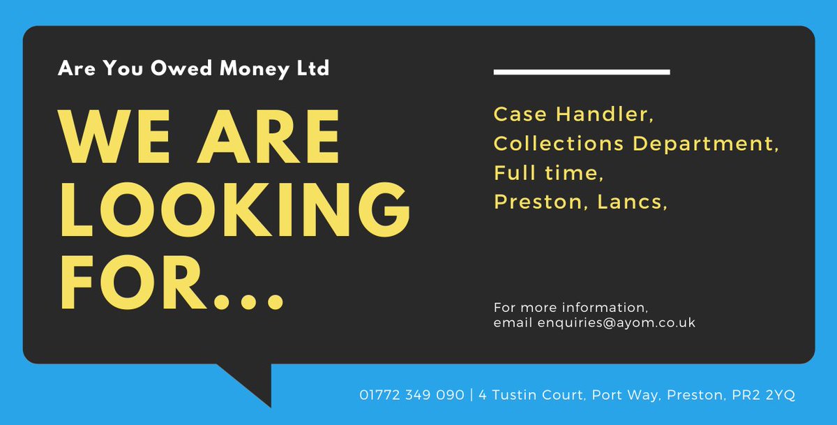 WE ARE HIRING - AYOM are looking for individuals suited to join our Collections team in Preston as a Case Handler. For more details including how to apply, please see our job description. - tinyurl.com/57cb8utj

#vacanies #careers #debtcollection #prestonjobs #lancashirejobs
