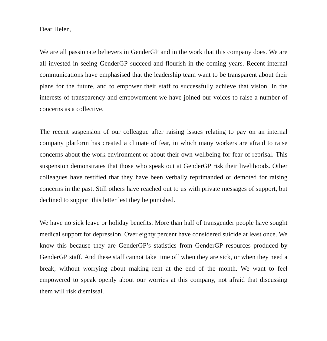 blanketee's tweet photo. This needs to be shared when praising Helen Webberley as someone who cares about trans people's wellbeing. It starts at home. 

When staff at GenderGP asked in writing for better conditions for TNB members: https://t.co/zRbC4V84Kc
