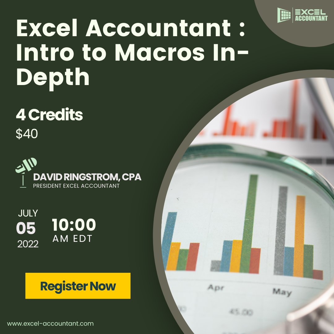 excel_account's tweet image. Join Excel expert David Ringstrom for a webinar "Excel Accountant: Intro to Macros In-Depth" where he will introduce the concept of Excel macros.
Register now: bit.ly/2Z4OjjX
 
#excelaccountant #excelmacros #visualbasicapplications #excelshortcut #spreadsheets