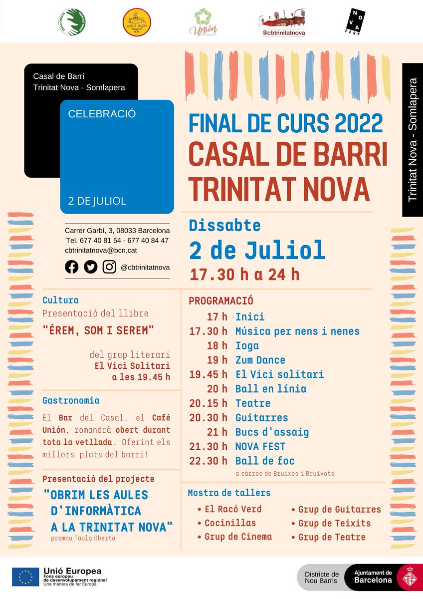 Bcn_NouBarris's tweet photo. 😎 Demà el @cbtrinitatnova acomiada el curs amb una tarda-nit plena d'activitats! Des de les 17.30 h hi haurà mostra de tallers, actuacions, una presentació literària, gastronomia...

🎸 I a les 21.30 h, concerts #NovaFest amb StraperloBand i @electricosrock! #TrinitatNova https://t.co/X2JGSscThB