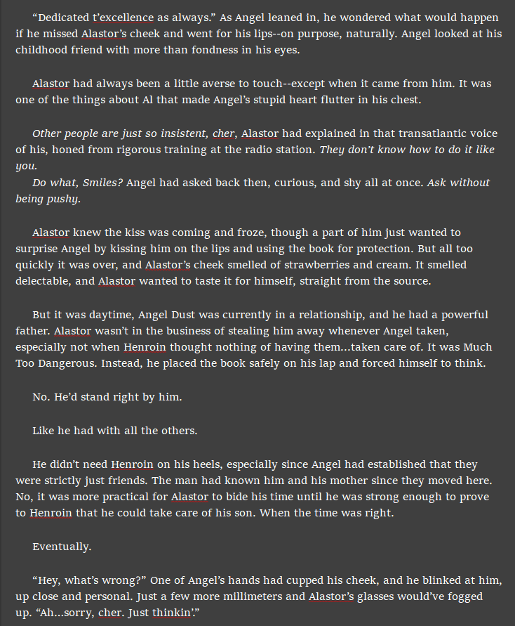 kyaarchives's tweet photo. TW (pet death in my statement)
---
Proof of (fic) life. I've returned to writing my parts of RD Week from 2021. Hard hiatus because my cat passed away in 2021 and other personal reasons.
Just #radiodust cuteness for this #fanficwip. Getting to know my human!Alastor. https://t.co/hrFgElOJni