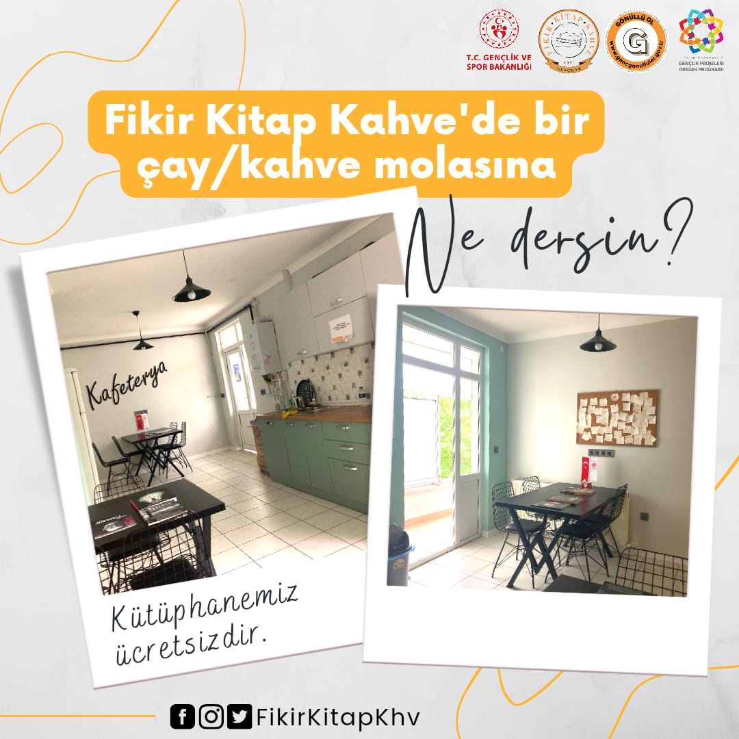 Fikir Kitap Kahve'de bir çay/kahve molasına ne dersin? Kafeteryamızdan ve kütüphanemizden ücretsiz yararlanabilirsin☕😉📚 

#fikirkitapkahve #gençlikvesporbakanlığı #gsbproje #kitapkahveproje #gençkahramanmaraşlılarderneği #ankara#kızılay