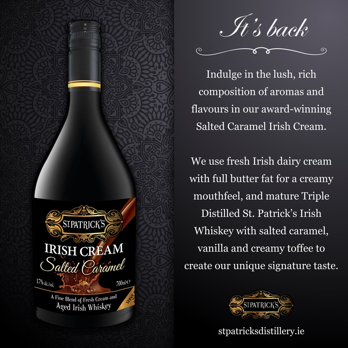 Our Salted Caramel Irish Cream is back! 
Silver medal winner at London Spirits Competition 2021, this perfectly balanced, creamy indulgence will take you on cloud nine. 
Get yours at: stpatricksdistillery.ie/irish-cream