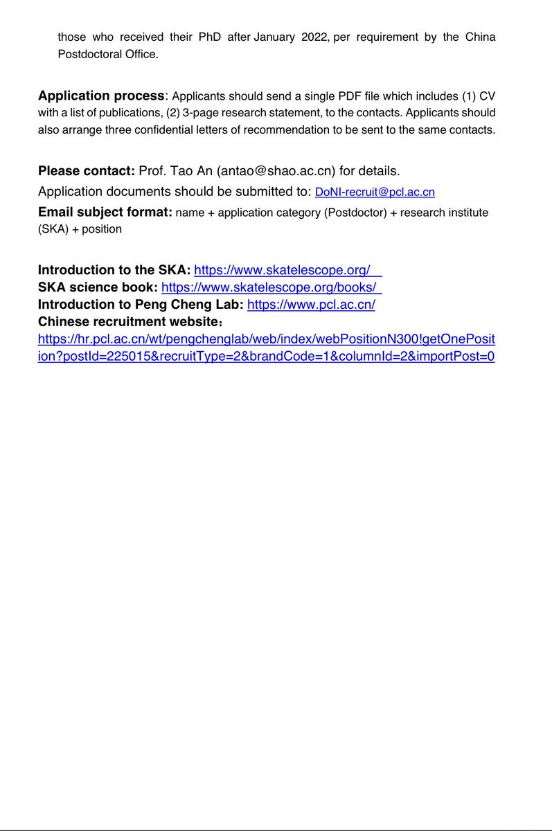 Positions for 2 engineers and 2 postdocs on SKA sci computing and AI, 4 postdocs on SKA sciences are open. Please contact me (Tao An, antao@shao.ac.cn) if you are interested. Details can be found in SKAO Slack channel #announcements. Competitive salary, welcome to join us!