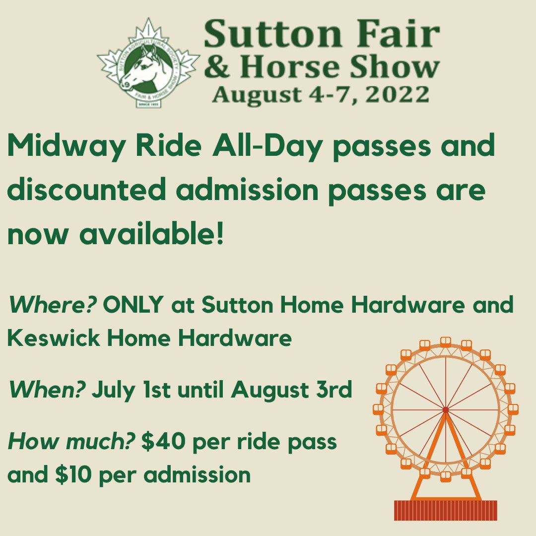 SuttonFair's tweet image. Ride all day passes for the @wfsmidway, and discounted admission passes are now available at @SuttonHH and @KeswickHH until August 3rd! 🎟🎡🎉
 #suttonfair #cowboybootsandcountryroots #midway #Summer2022