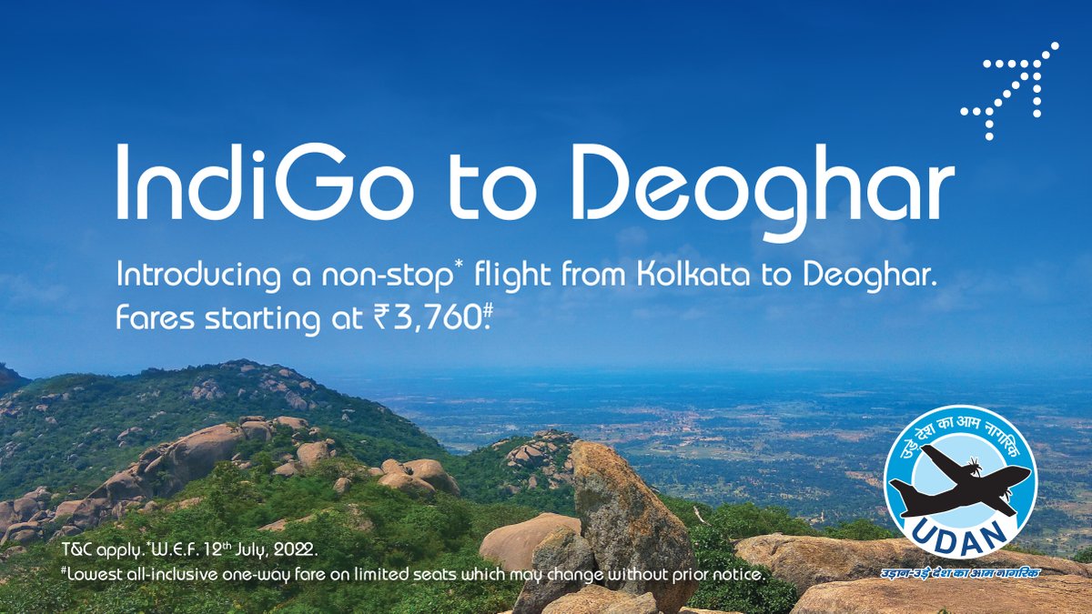 IndiGo6E's tweet image. Make way for our 74th domestic destination – Deoghar! Fly non-stop from Kolkata W.E F. 12th July, 2022 under the UDAN scheme. Fares starting at ₹3,760. Book your tickets now. bit.ly/3NBB9hZ