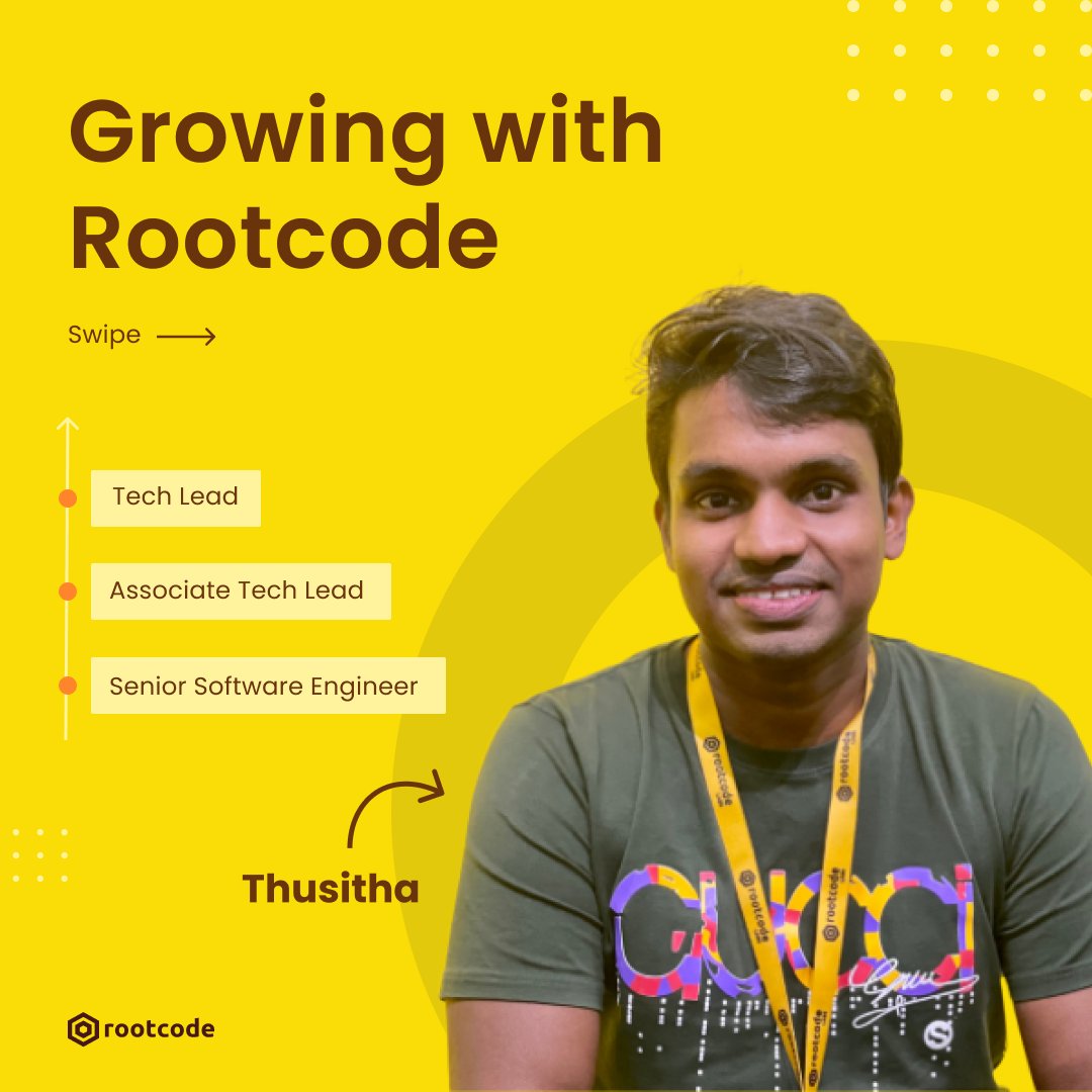 rootcode_io's tweet image. Meet Thusitha, who started at #Rootcode as a senior #softwareengineer and grew into a Technical Lead in a short time by exceptionally guiding our #tech teams to build great tech.
Swipe right to read about what Thusitha says about his #career at Rootcode.

#lifeatrootcode