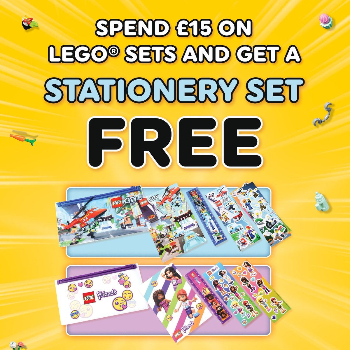 **FREE LEGO STATIONERY SETS**

From tomorrow (2nd July) if you spend £15 or more on Lego you can choose a free stationery set. BRILLIANT!

One per customer.
Single transaction only.