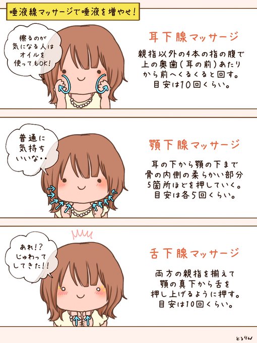 【唾液腺マッサージで口を潤せ!】

唾液が少ないと口臭の原因になる為キスやセックスが楽しめないですよね。そんな悩みを持つ人には「唾液腺マッサージ」がオススメ。耳から顎のラインを指を使ってほぐすだけ。簡単なんだけどすぐに変化が実感できるから推せる!もちろん十分な水分補給は忘れずにね? 