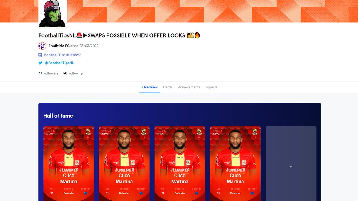 I’m giving away FOUR Cuco Martina Rare cards! EPL meme but beast at my homeside in 2022 ❤️🦅💛

To enter:
1️⃣ Follow <a href="/FootballTipsNL/">Paul 🇳🇱 - Tipster From Holland 📈</a>

2️⃣ RT this Tweet

3⃣ You need a Sorare account to receive your prize ⬇️
sorare.pxf.io/SorareNederland

Winners drawn Sunday 10th in my live stream 🍀🫰