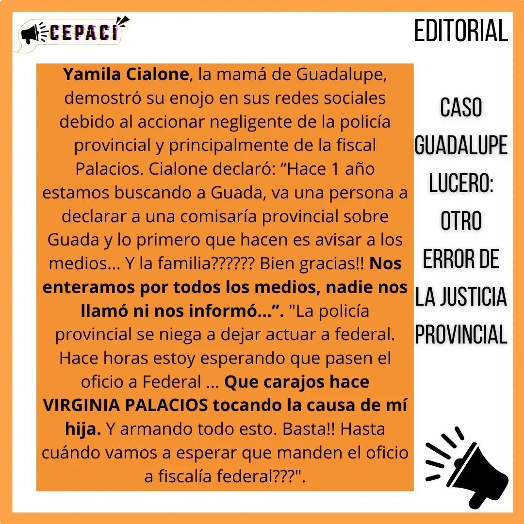 cepaci_arg's tweet photo. "CASO GUADALUPE LUCERO: OTRO ERROR DE LA JUSTICIA PROVINCIAL"

👉 Sobre las novedades de la investigación.

Nos seguimos preguntando ¿Donde esta Guadalupe? 

@dondeestaguadalupe 

#ElEstadoEsResponsable  #dondeestaguadalupe 
@alberto_rsaa @LucianoAnastasi https://t.co/ut87i0SSd4