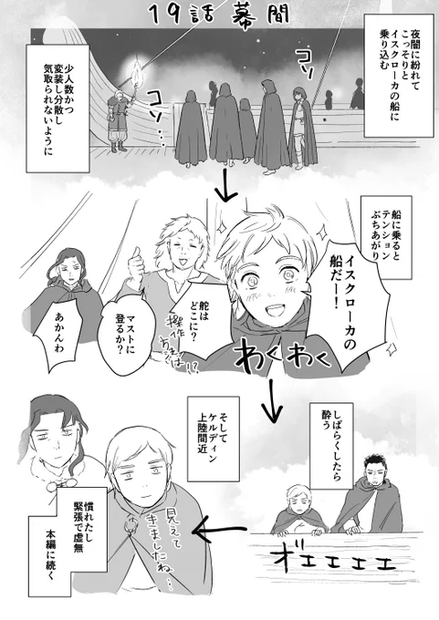 #赤髪の女商人
19話 幕間の落書き漫画
イスクローカの船に乗り込むオスリックたちの動向 