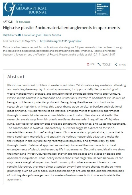 RGS-IBG Higher Ed (@rgs_ibghe) on Twitter photo New in #GJ: 'High-rise plastic: Socio-material entanglements in apartments' by <a href="/ProfRalphHorne/">Ralph Horne</a>, <a href="/loudorignon/">Louise Dorignon</a> and <a href="/bhavna_middha/">Bhavna Middha</a> (<a href="/RMIT/">RMIT University</a>). orlo.uk/dlBga New in #GJ: 'High-rise plastic: Socio-material entanglements in apartments' by <a href="/ProfRalphHorne/">Ralph Horne</a>, <a href="/loudorignon/">Louise Dorignon</a> and <a href="/bhavna_middha/">Bhavna Middha</a> (<a href="/RMIT/">RMIT University</a>). orlo.uk/dlBga