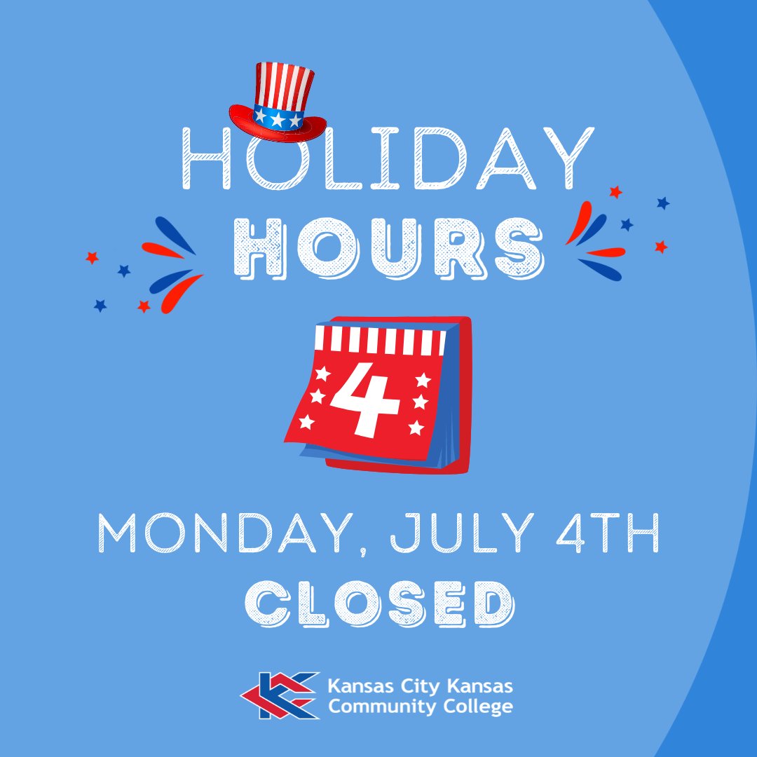 All KCKCC locations will be closed Monday, July 4th for Independence Day. We will resume our regular business hours on Tuesday, July 5th. Enjoy the long weekend! 🌟 #KCKCCProud