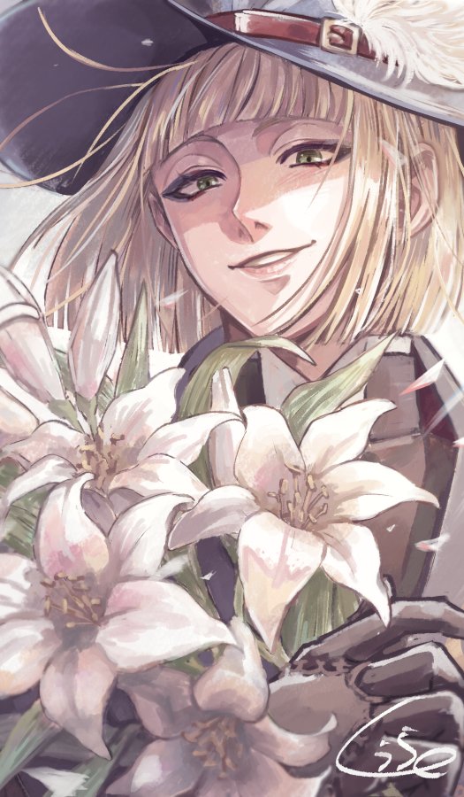 flower blonde hair solo hat green eyes 1boy male focus  illustration images