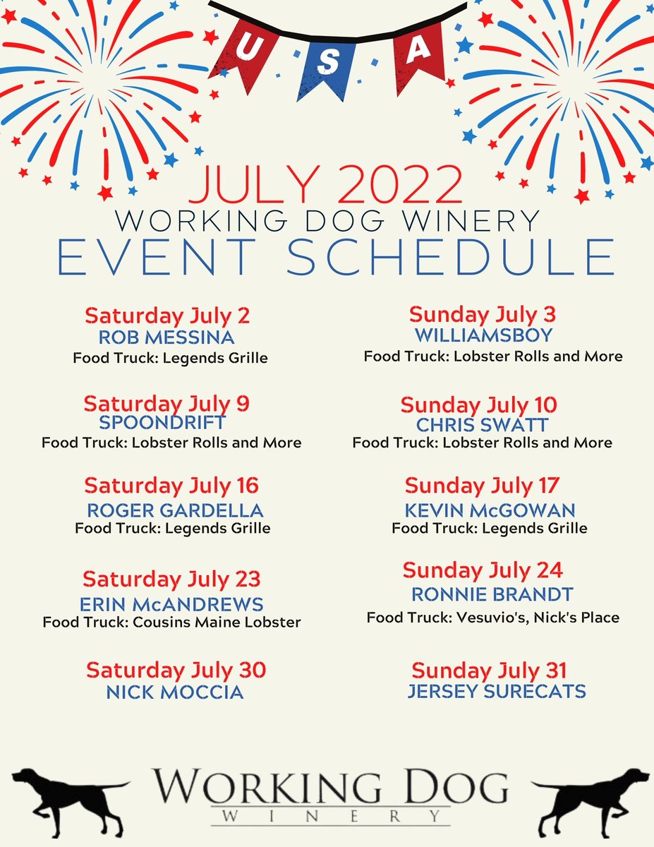 HAPPY JULY! Looking forward to an exciting JULY at #workingdogwinery live music each Saturday and Sunday from 1 to 5. 
Plenty of space to stretch out on the manicured lawn. Bring your chairs/blankets/dogs.