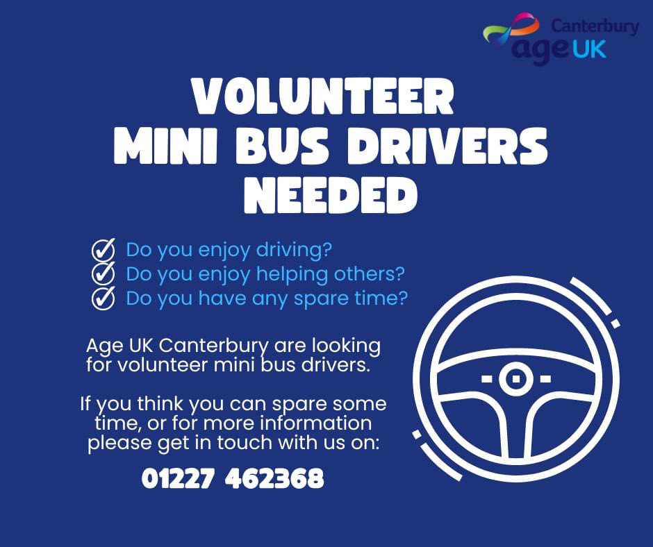 Would you like to drive a mini bus picking up our lovely clients, or delivering our hot meals in and around Canterbury? If so, or for more information please give us a ring on ☎️01227 462368.