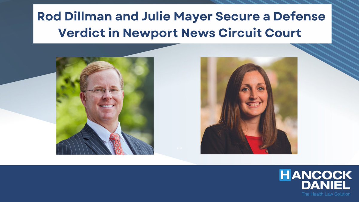 HancockDanielPC's tweet photo. A jury returned a unanimous verdict in favor of our client in Newport News Circuit Court yesterday afternoon. Congratulations to @RSDillman, Julie Mayer and the Virginia Beach Medical Malpractice team! https://t.co/yhl2YtqBql