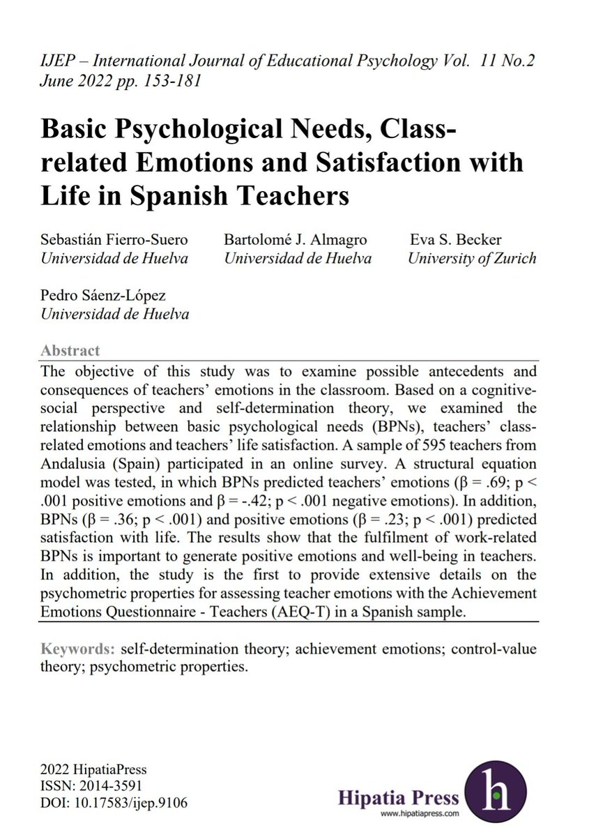 ¿Habéis leído ya #CoidesoActualidad ? Llegamos al finde con la publicación de un nuevo artículo de investigadores <a href="/coideso/">COIDESO</a>🔅
➡️Basic Psychological Needs, Class-related Emotions and Satisfaction with Life in Spanish Teachers
⏬ Descarga gratuita
hipatiapress.com/hpjournals/ind…