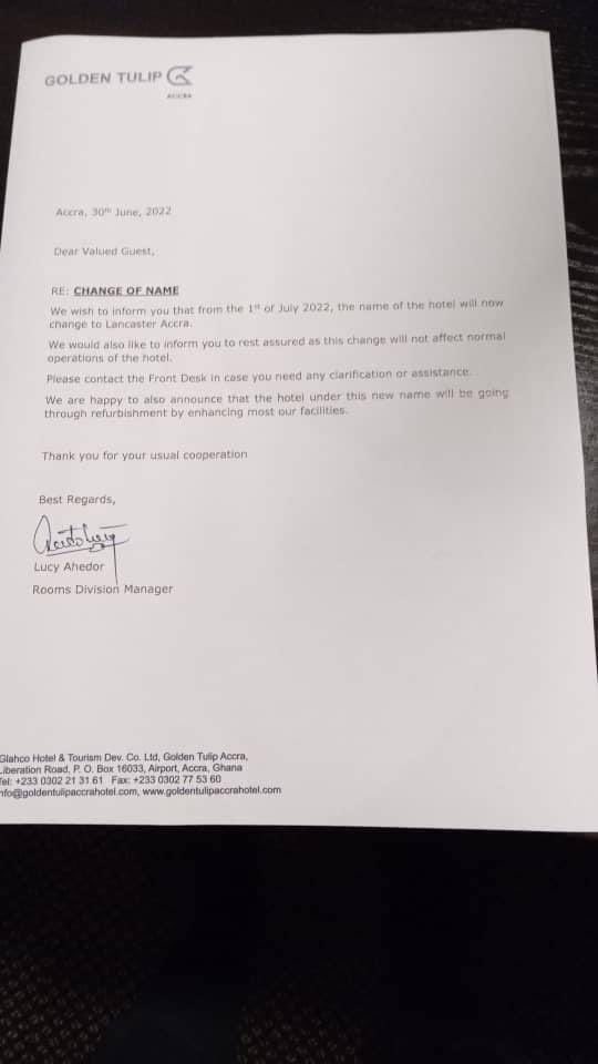 khaptain4real's tweet photo. Apparently, the government has also sold 60% shares of the Golden Tulip Hostels to a Lebanese company called Lancaster. 

Effective today, the hostel’s name change to Lancaster Accra. https://t.co/kbiTP6vv6b