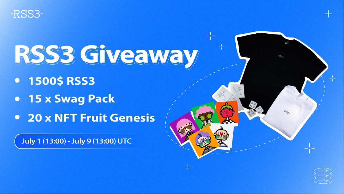 🔥 Giveaway open to ALL 

Prizes:
💰 1500$ RSS3
📈 20x Genesis NFT Avatar
😎 15x RSS3 Swag Packs

Winners only have to:
1️⃣ Like &amp; retweet this tweet
2️⃣ Follow <a href="/rss3_/">RSS3 🟦</a>
3️⃣ Tag friends below👇

🚨2x your win chance🚨Exclusive details in our Discord:
bit.ly/3a8Tcye