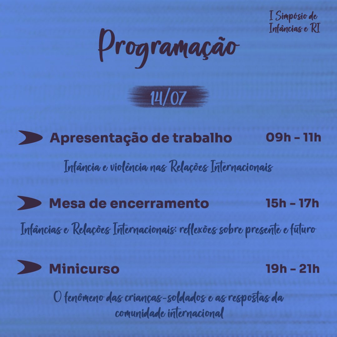 Chegamos no mês do I SIRI! 

O I Simpósio de Infâncias e Relações Internacionais conta com uma programação imperdível para os dias 13 e 14 de julho, aproveitando para celebrar os 32 anos do Estatuto da Criança e do Adolescente (ECA). 

Se inscreva em: docs.google.com/forms/d/e/1FAI…