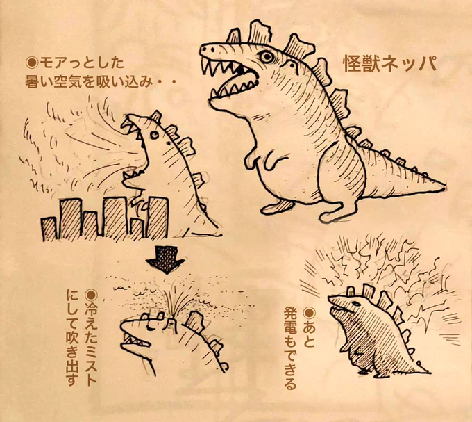 【 怪獣ネッパ 】

・モアっとした暑い空気を吸い込み、
 冷えたミストにして吹き出す

・あと発電もできる

#らくがき 