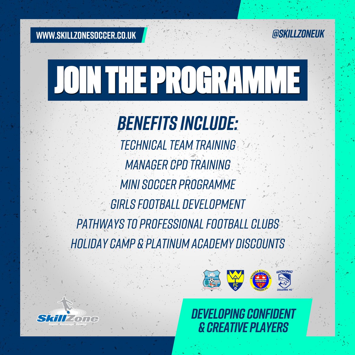 SkillZone Soccer (@skillzoneuk) on Twitter photo We are fortunate enough to be partnered with 4 fantastic local grassroots clubs in @waltonhershamyouth, <a href="/WokingCougars/">Woking Cougars FC</a>, <a href="/SandLjnrsFC/">Staines and Laleham Juniors FC</a> & <a href="/WokingTown_FC/">Woking Town FC</a>.
Does your grassroots club need help, or some FREE advice on how to develop further? Contact info@skillzonesoccer.co.uk
#Surrey We are fortunate enough to be partnered with 4 fantastic local grassroots clubs in @waltonhershamyouth, <a href="/WokingCougars/">Woking Cougars FC</a>, <a href="/SandLjnrsFC/">Staines and Laleham Juniors FC</a> & <a href="/WokingTown_FC/">Woking Town FC</a>.
Does your grassroots club need help, or some FREE advice on how to develop further? Contact info@skillzonesoccer.co.uk
#Surrey