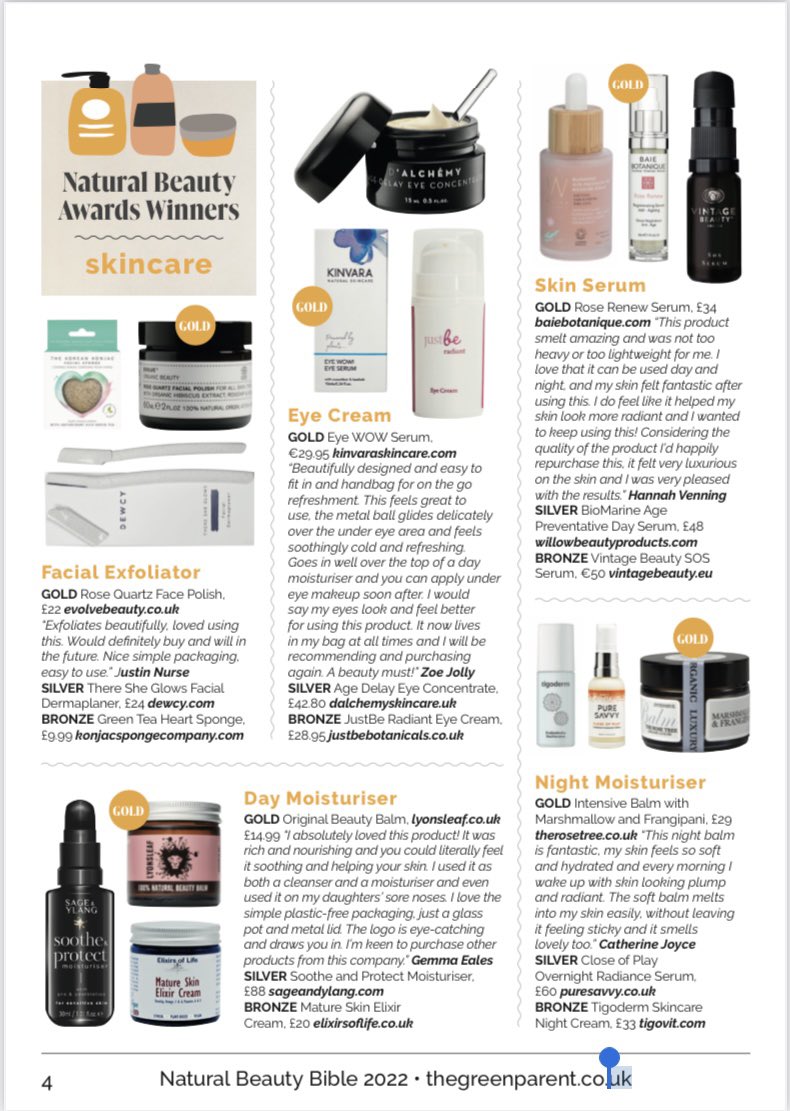 Absolutely delighted that JustBe Radiant Eye Cream has received Bronze in <a href="/greenparentmag/">The Green Parent</a> Natural Beauty Bible Awards along with <a href="/KinvaraSkincare/">Kinvara Skincare</a> 🥇 &amp; <a href="/dalchemy_com/">d'Alchemy Holistic Skincare</a> 🥈 

#greenparentmag #TGPNBA2022 #thegreenparentnaturalbeautyawards2022 #naturalbeauty