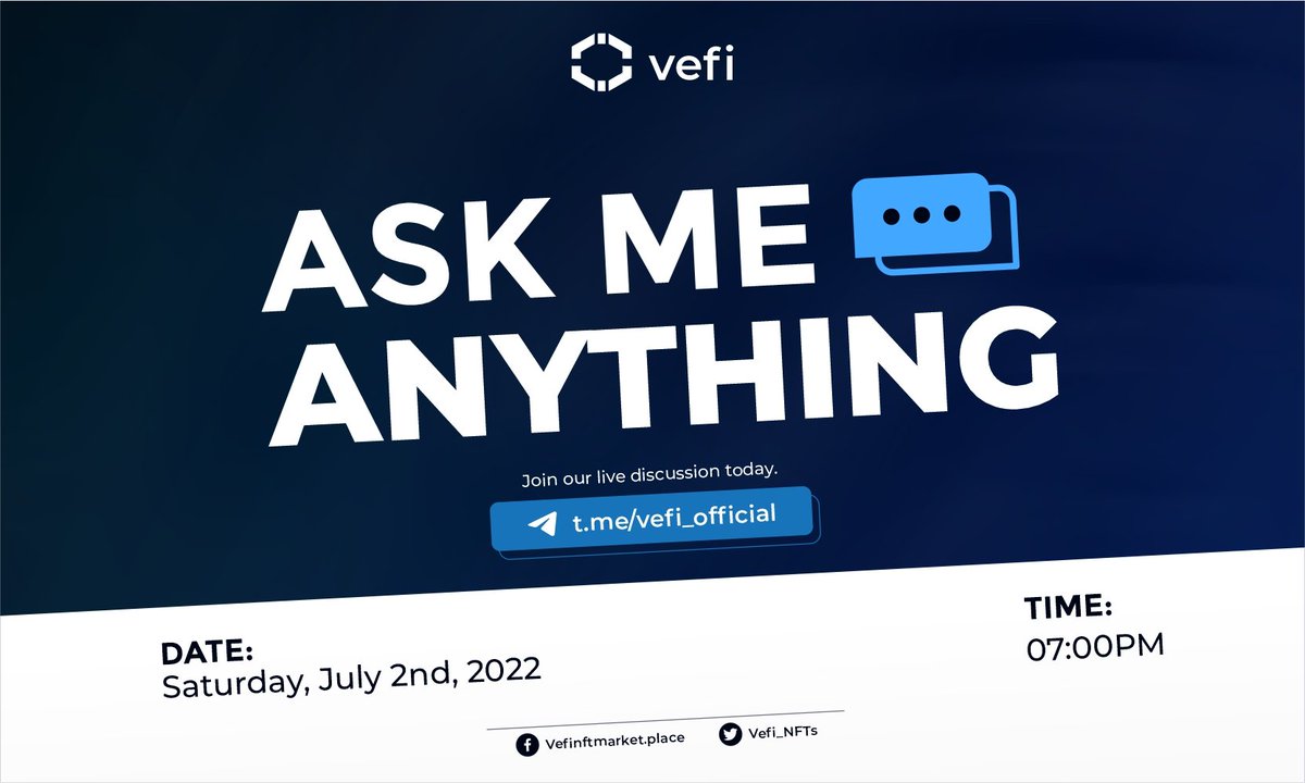 vefdefi's tweet photo. 📢📢 ANNOUNCEMENT!!!📢📢
We are delighted to announce our upcoming #AMA🎙️ tomorrow with our telegram community.👪
🗓️:02 July 2022
⏰: 7pm WAT
🏛️Venue: https://t.co/bVJhdnZTKr
📌Like, RT, comment and tag 3 friends📌
✅Topic: Vefi NFT marketplace.✅
#vefiEcosystem #vefiToken https://t.co/2nGiUadVHk