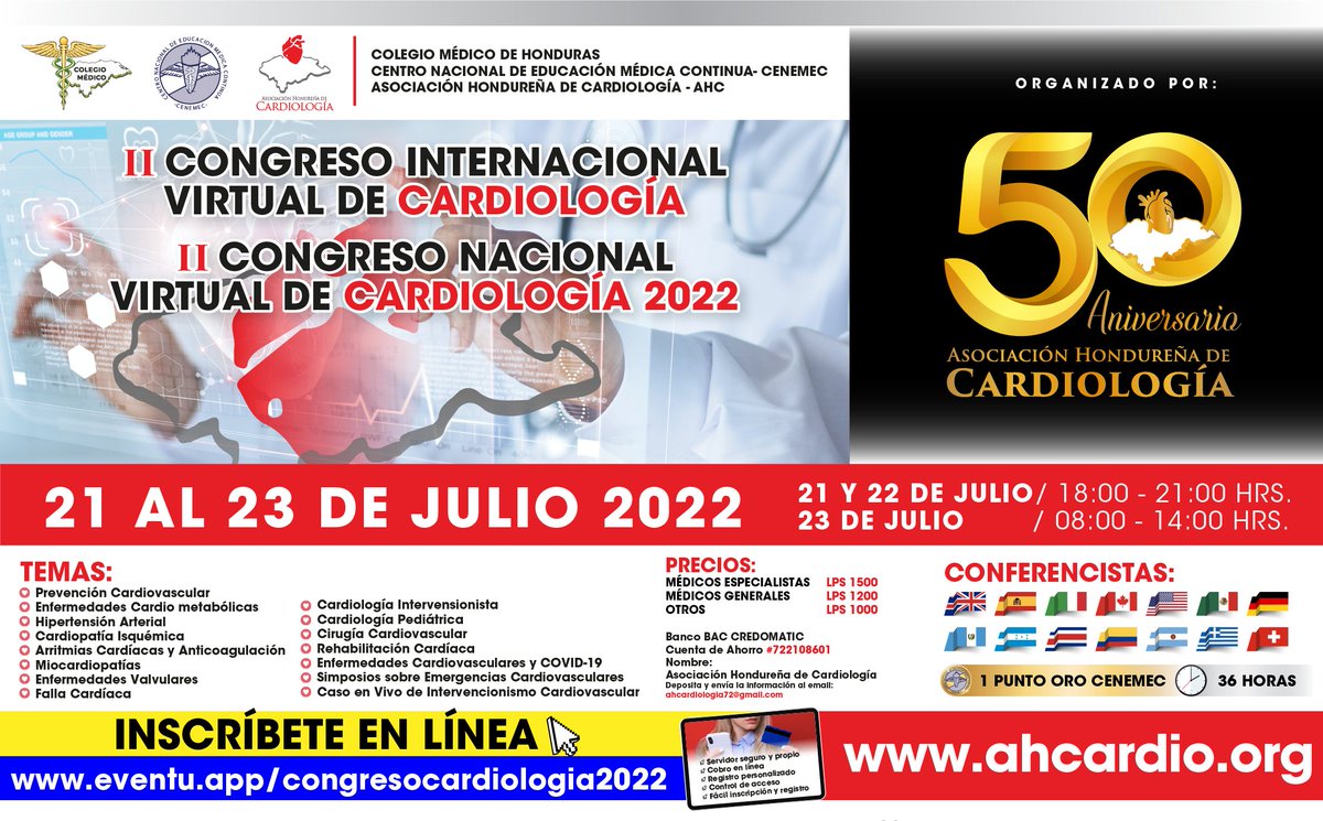 SIAC_cardio's tweet photo. La @AHCardiologia, junto a @ColegioMedicoHN y #CENEMEC, invitan aI Congreso Internacional y el II Congreso Nacional de #Cardiología, del 21 al 23/7. 🫀, ¡Es virtual! 🖥️ Inscríbete aquí https://t.co/ASWJnEU2Ku https://t.co/3qEoFViTqT