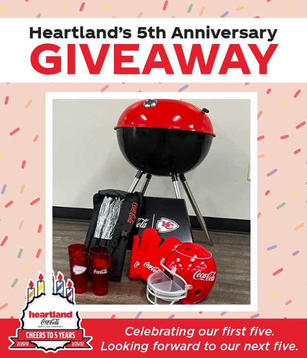 HeartlandCoke's tweet photo. Just in time for summer, we are celebrating our 5th anniversary by giving away this amazing grilling pack. One lucky winner will receive not only a new grill but also Coca-Cola Grilling Set, #Chiefs snack Food helmet, &amp; oven mitts https://t.co/NGfhJBPmqV #Giveaways #ChiefsKingdom https://t.co/01Hhp3aPGq