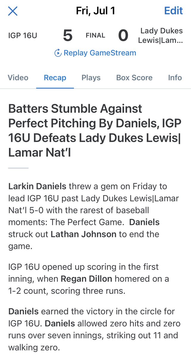 HUGE congrats to @LarkinDaniels24 who pitched a PERFECT GAME for @Premier16U at @COSparkFire today! Way to #leadtheway! 🔥🥎🔥 #uncommitted @Premier16U @Sports_Recruits