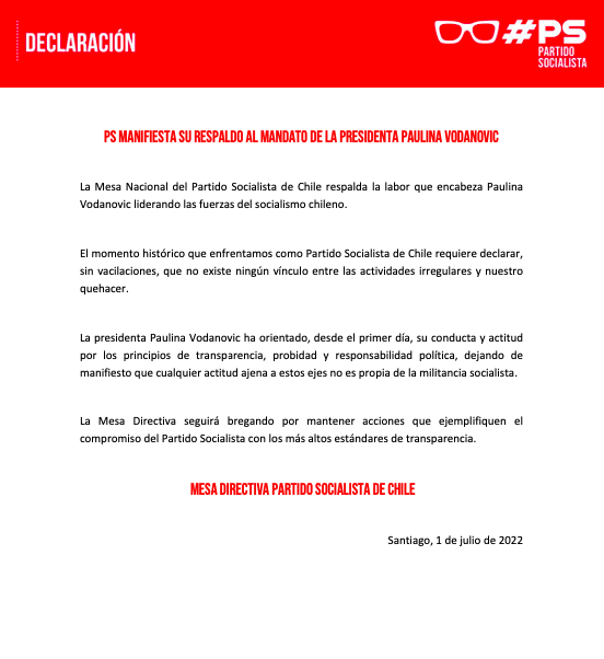 PSChile's tweet photo. 𝗗𝗲𝗰𝗹𝗮𝗿𝗮𝗰𝗶𝗼́𝗻 𝗽𝘂́𝗯𝗹𝗶𝗰𝗮: #PS manifiesta su respaldo al mandato de la presidenta Paulina Vodanovic https://t.co/fMWlYUL4YE