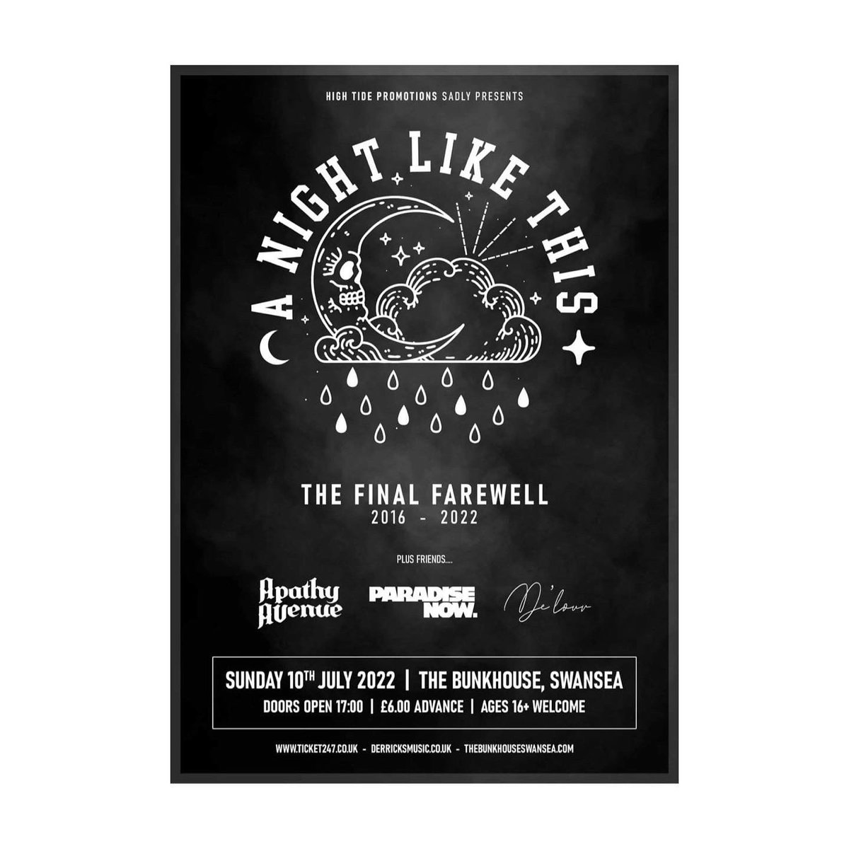 9 days until we say farewell at <a href="/TheBunkhouseSA1/">The Bunkhouse Swansea</a> with <a href="/ApathyAvenue/">Apathy Avenue</a> <a href="/paradisenowband/">Paradise Now.</a> And @Delourmusic 

Tickets available here:
ticket247.co.uk/Event/91381?fs…

📸 - Bethan Miller

🌙