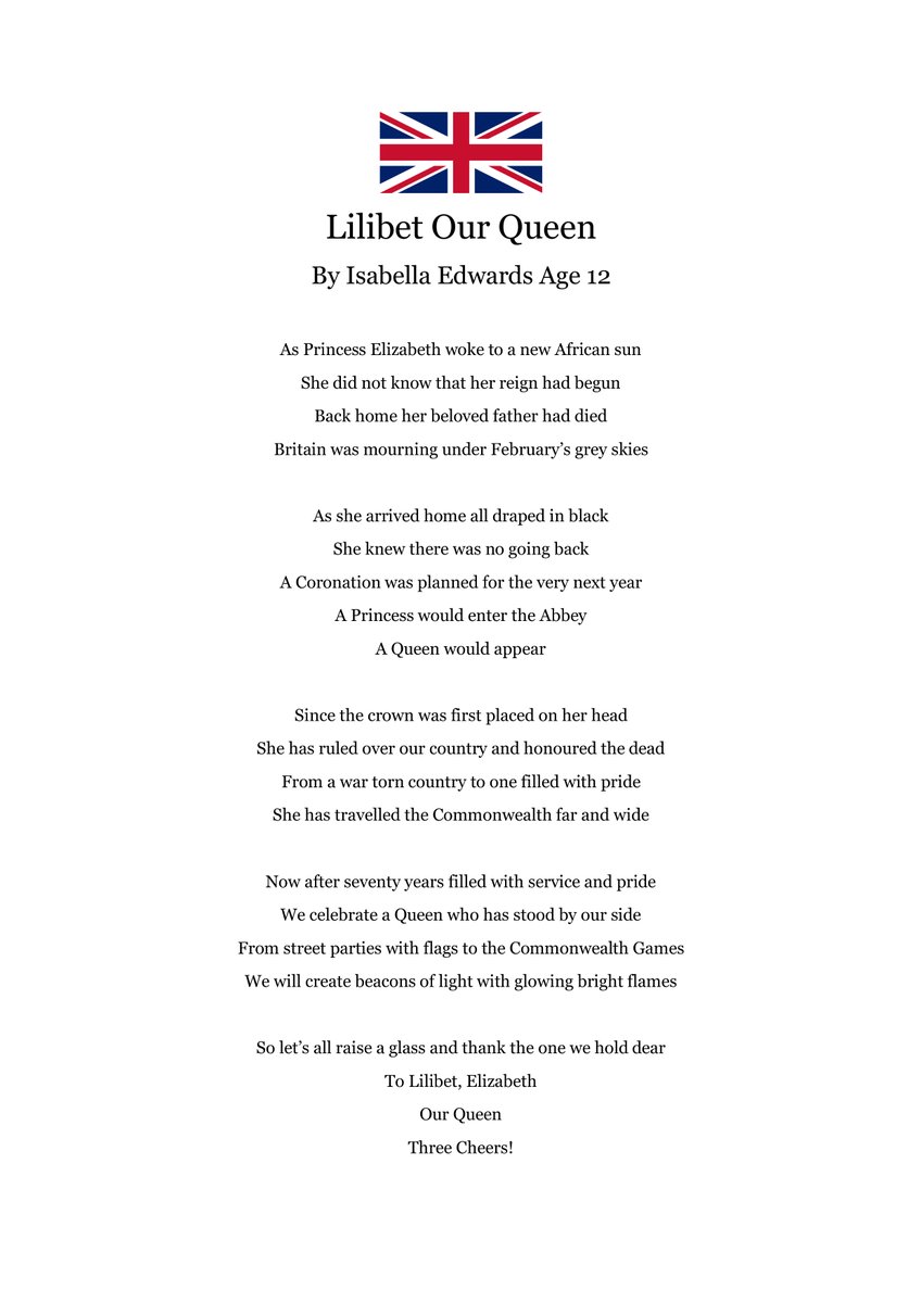 Majesty/Joe Little (@MajestyMagazine) on Twitter photo 2022-07-01 13:42:07 Isabella Edwards, who lives near Bourton-on-the-Water in Gloucestershire, sent this charming #PlatinumJubilee poem to the Queen at Windsor Castle and received a letter from a lady-in-waiting saying HM had greatly enjoyed reading it. Isabella Edwards, who lives near Bourton-on-the-Water in Gloucestershire, sent this charming #PlatinumJubilee poem to the Queen at Windsor Castle and received a letter from a lady-in-waiting saying HM had greatly enjoyed reading it.