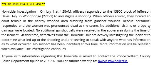 PWCPolice's tweet photo. *FOR IMMEDIATE RELEASE: #PWCPD detectives are now investigating the shooting on Jeff Davis Hwy. in #Woodbridge as a homicide. An adult female was killed during the encounter. Detectives are continuing to investigate to determine what led up to the shooting. More info; https://t.co/AuDcUK9977