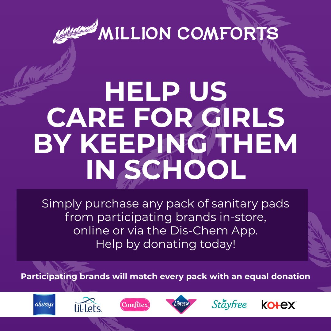 Dischem's tweet photo. You can make a difference to underprivileged schoolgirls throughout South Africa by donating sanitary products online, via our app or at participating outlets. These community-minded brands will then match every pack with an equal donation.#MillionComforts https://t.co/ZF0DHMDxII https://t.co/LQA4L9jl2I