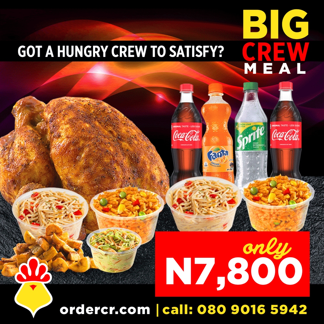 ChickenRepublic's tweet photo. Happy weekend citizens! Order our Big Crew Meal and enjoy a full Rotisserie Chicken plus 4 portions of Rice or Spaghetti, and your choice of 2 portions of Moin Moin, Coleslaw or Dodo  PLUS 4 PET drinks – perfect to satisfy a crew of 4. To order visit https://t.co/WwXE0JhGBQ https://t.co/lRa9EQQ6bY