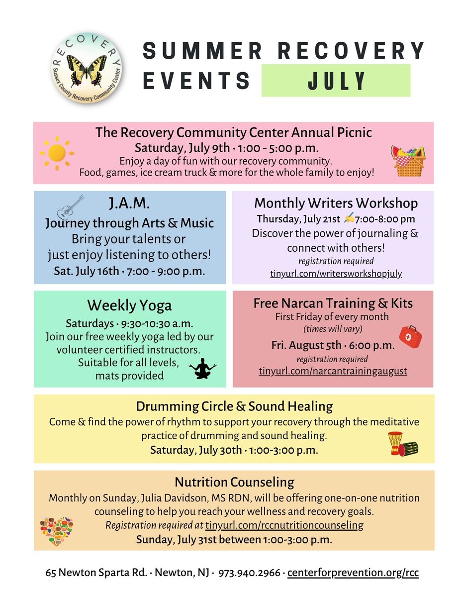 cfpcnj's tweet photo. Are you looking for #recoveryfriendly #soberevents in #sussexcountynj? Check out our July line up including #soundhealing #recoveryyoga #JAMgathering #nutrition and more at the Sussex County Recovery Community Center https://t.co/kOJPNLZKoC https://t.co/ZDfj4MeJlb