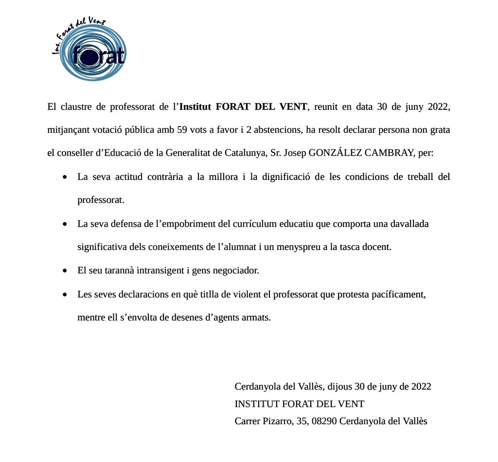 El professorat de l'Institut Forat del Vent de Cerdanyola declara persona non grata al conseller d'Educació 
<a href="/JosepGCambray/">Josep G. Cambray</a>