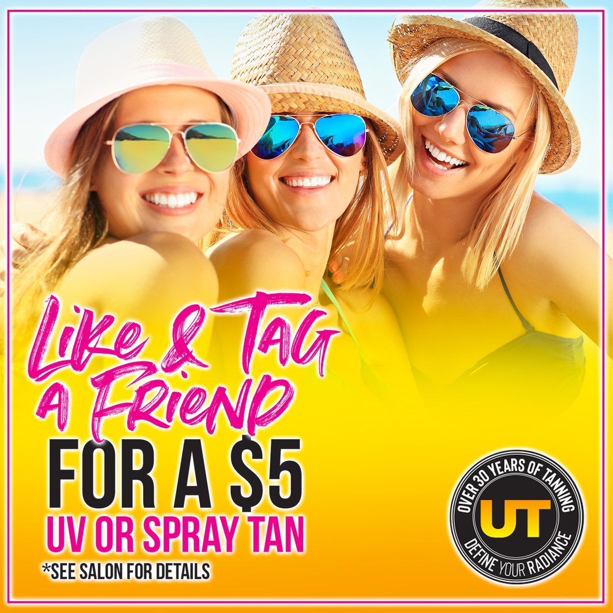 UltratanToday's tweet photo. Like This Post &amp; Tag a Friend for a $5 Tan or Spray Tan this month! Other July specials include Trade in Days to get an additional 10% Off your purchase when you bring in an old bottle of lotion, and $19.95 Off Any New Membership! https://t.co/duuf6kICUz. See salon for details. https://t.co/KuqP1m0oVE