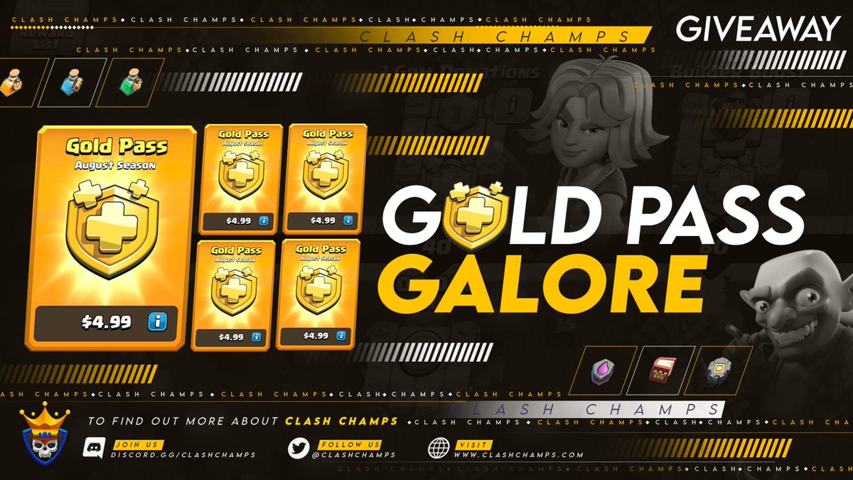 🚨 #GIVEAWAY! 🚨

🤑5 GOLD PASSES UP FOR GRABS!💥
​
​TO ENTER:
​⚡ Like &amp; RT this post
​⚡ Follow @clashchamps
⚡ Reply &amp; tag a friend

RETWEET = BONUS ENTRY

#competition ends 7/4/2022

*Must have a valid PayPal account*