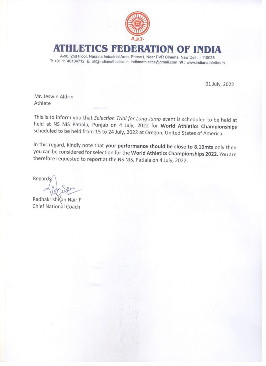 Good News!!  AFI has now decided to give @AldrinJeswin a chance to join the 🇮🇳squad for the world championship. He needs to jump 8.10m to make it to Oregon. #IndianAthletics