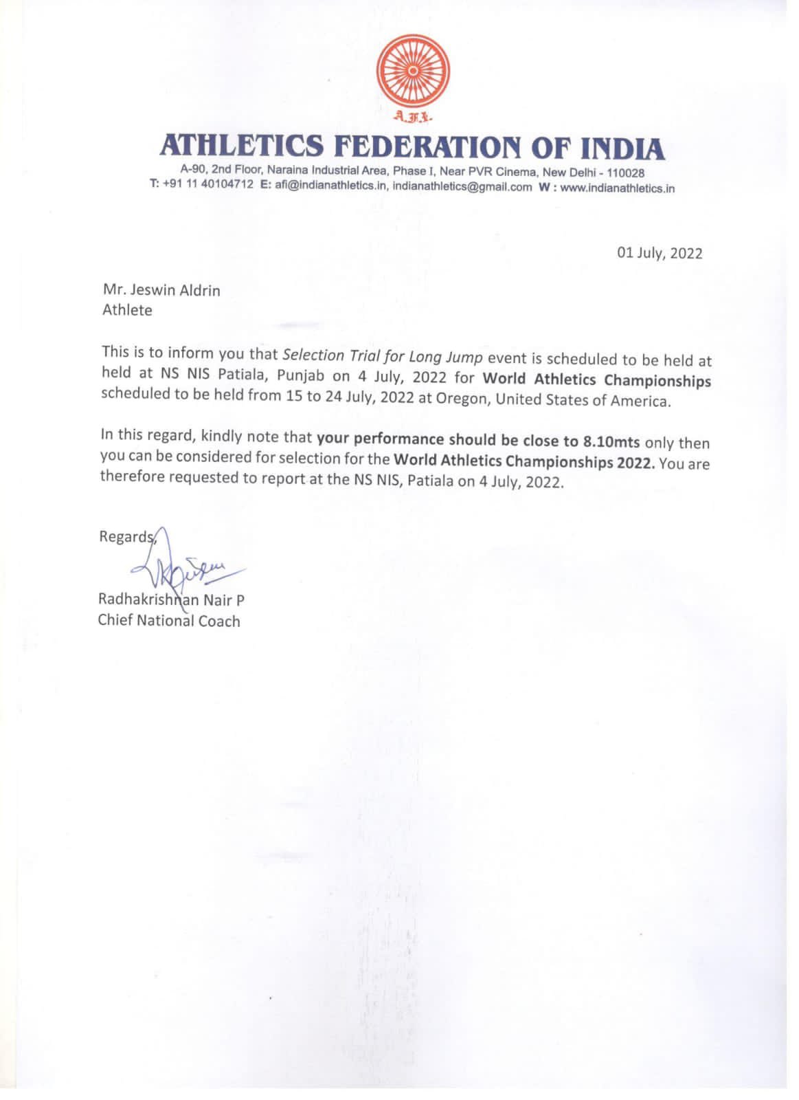 AFIs letter mentioning that Jeswin Aldrin will be given another chance to be selected for the World CShips squad