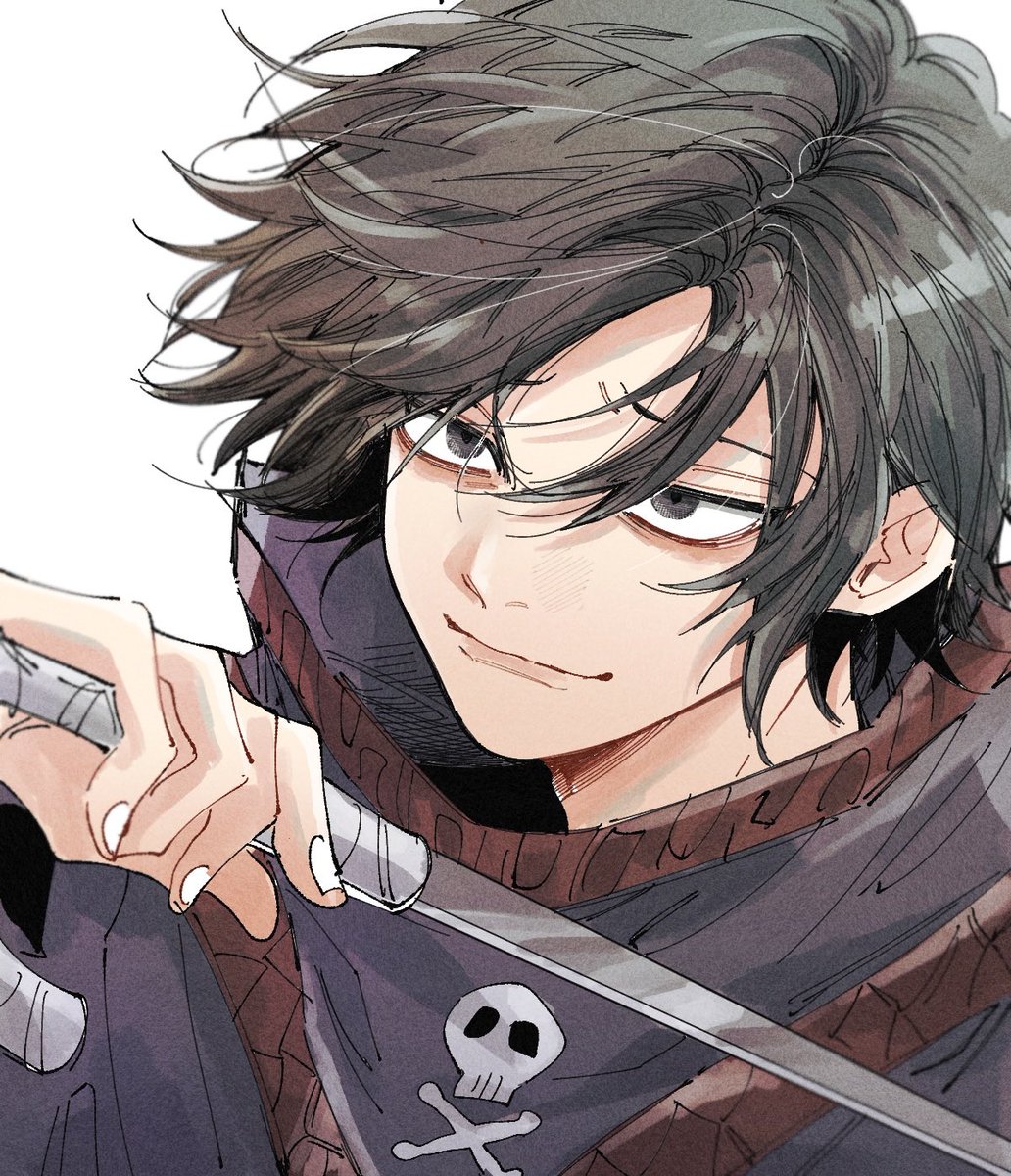 1boy male focus black hair solo weapon black eyes holding  illustration images