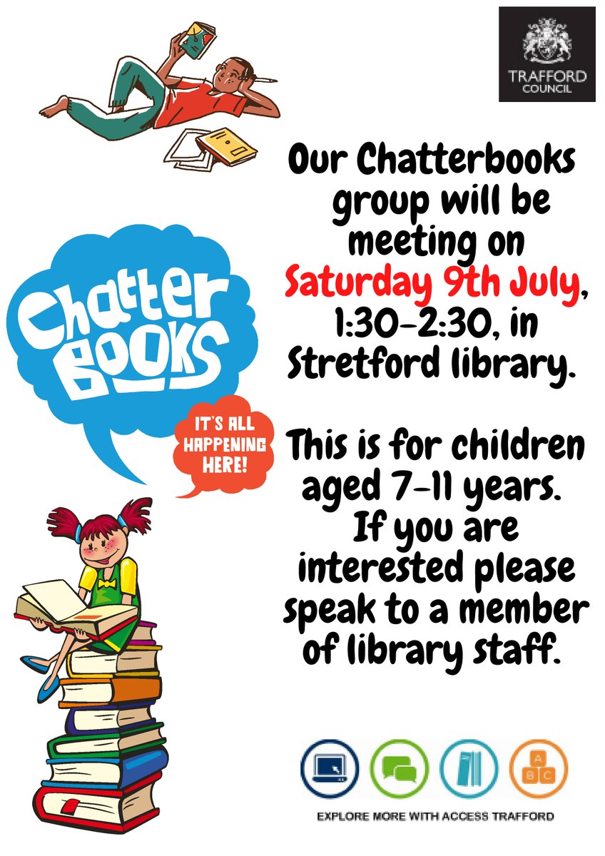 TraffLibraries's tweet image. 📚 Chatterbooks! 📚

On Saturday 9th July our Chatterbooks group will be meeting to talk all things Graphic Novels. 📖 Come in and ask us what it&apos;s all about! 🌞

#Chatterbooks #LibrariesConnected
