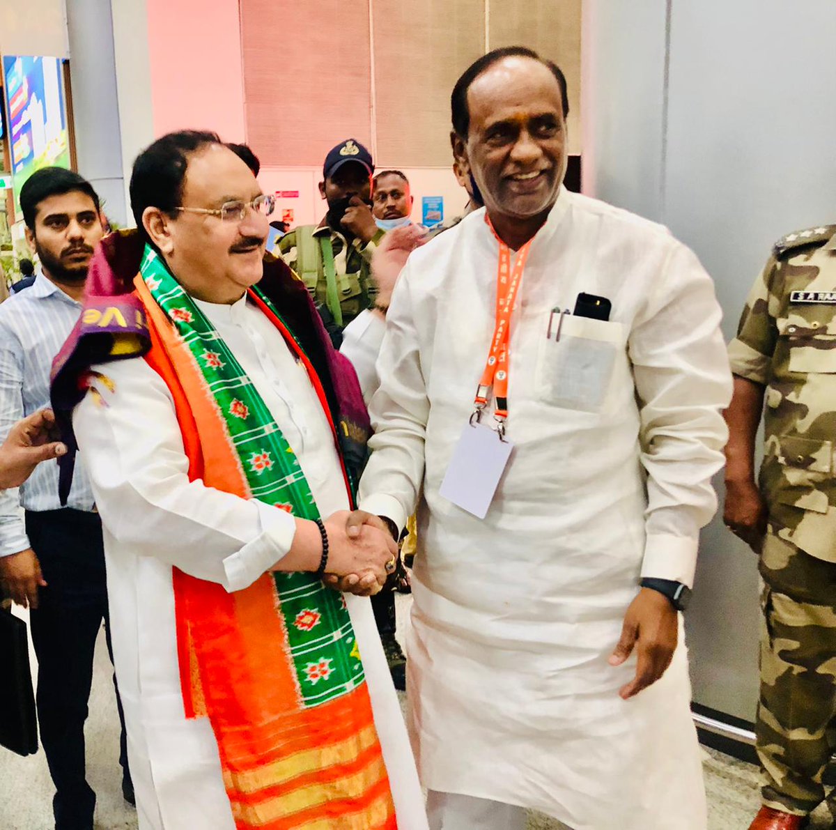 Warmly received @BJP4India National President Shri @JPNadda Ji upon his arrival at Shamshabad airport for National Executive Meeting.
#TelanganaWelcomesNaddaGaru #BJPNECInTelangana