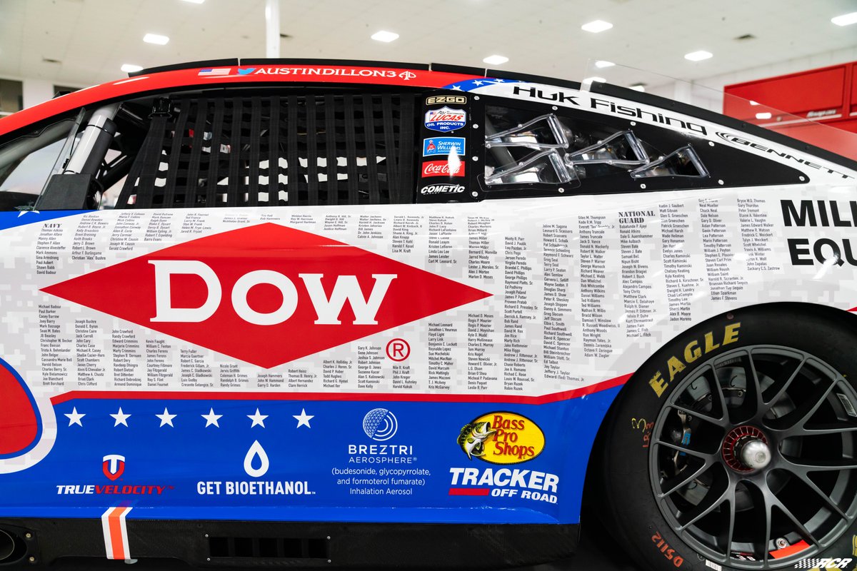 RCRracing's tweet photo. The #DowSalutesVeterans program has become a staple of RCR’s relationship with Dow, and a powerful platform to recognize Dow’s commitment to the virtues of military service. Come see the #3 in person at the @dowgbli July 12-17 in Midland, Michigan. #Inclusion #DowScienceFriday https://t.co/CX0slUddBm